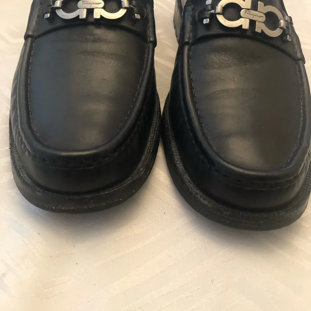 Salvatore Ferragamo Black Leather Gancini Bit Slip-On Loafers